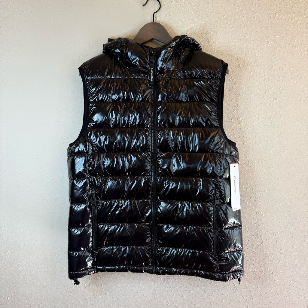 Calvin Klein Quilted Vinyl Black Hooded Puffer Unisex Vest Size M-L Nwt